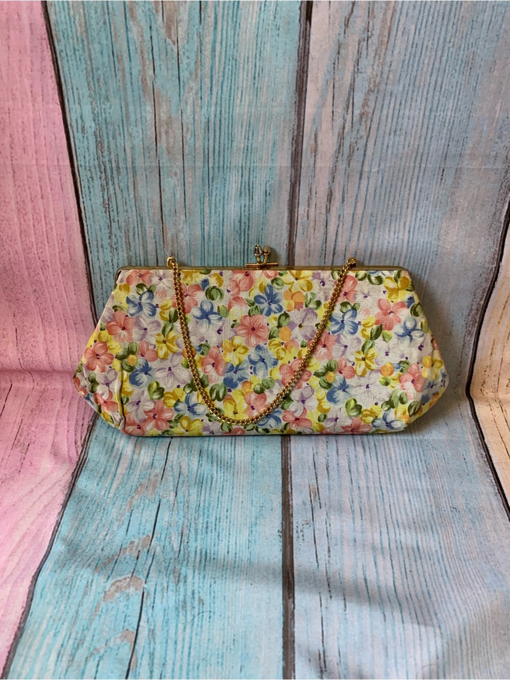 Vintage Floral Multicolor Clutch with Gold Chain